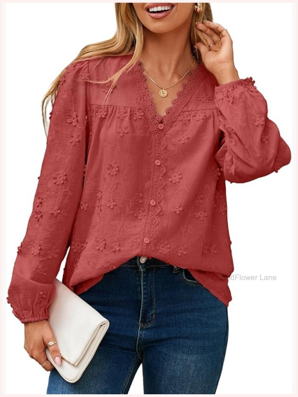 Womens Long Sleeve V Neck Blouse 3D Floral Embroidered Casual Tops